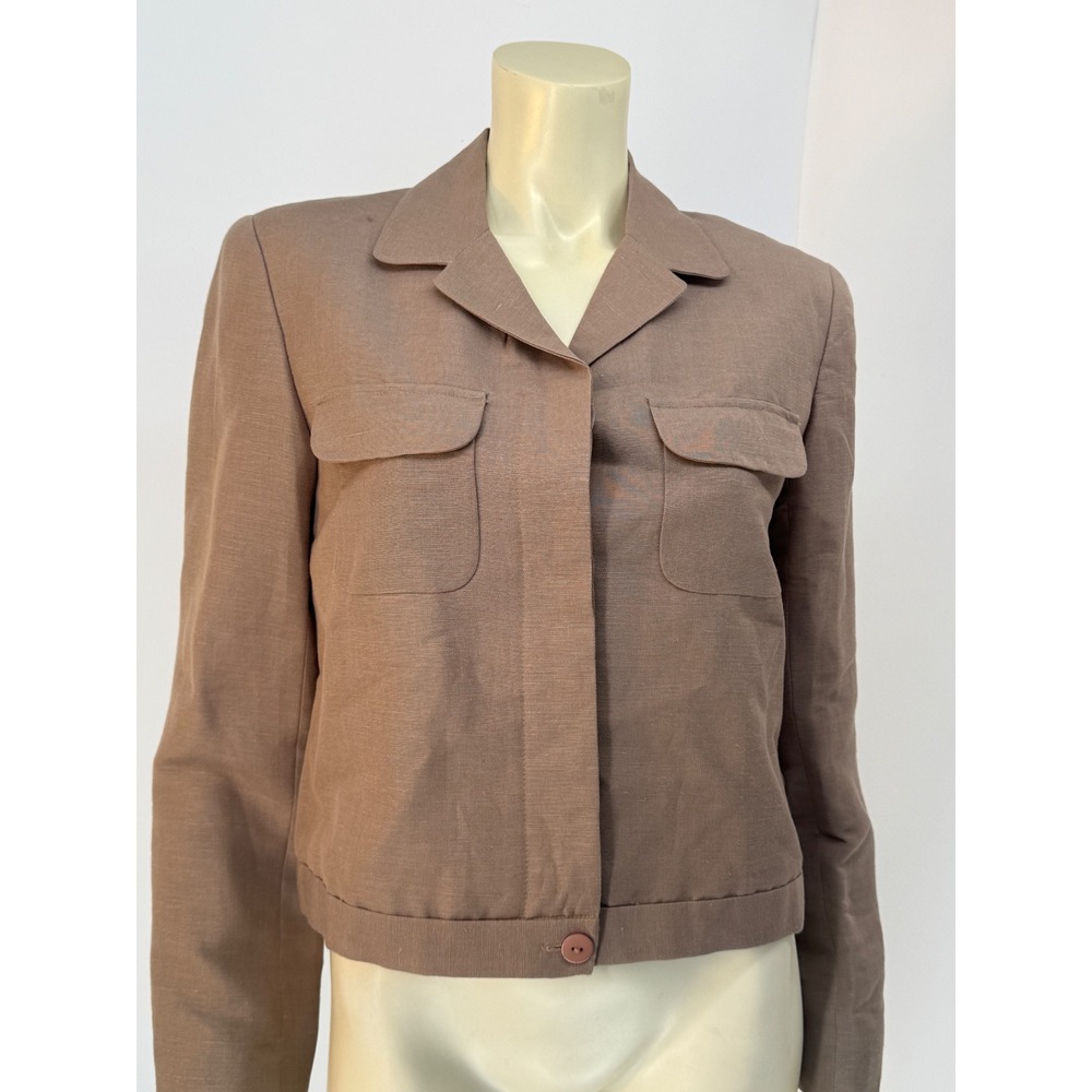 Jennifer & Grace Womens Brown Linen Blend Cropped Jacket Utility Blazer Size 10